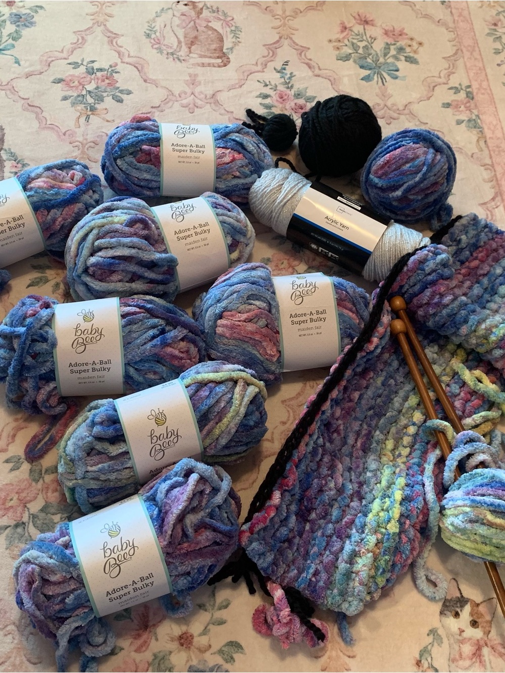 BABY BEE Large Lot Yarn Unfinished Project Yarn Knitting Needles Chenille Yarn